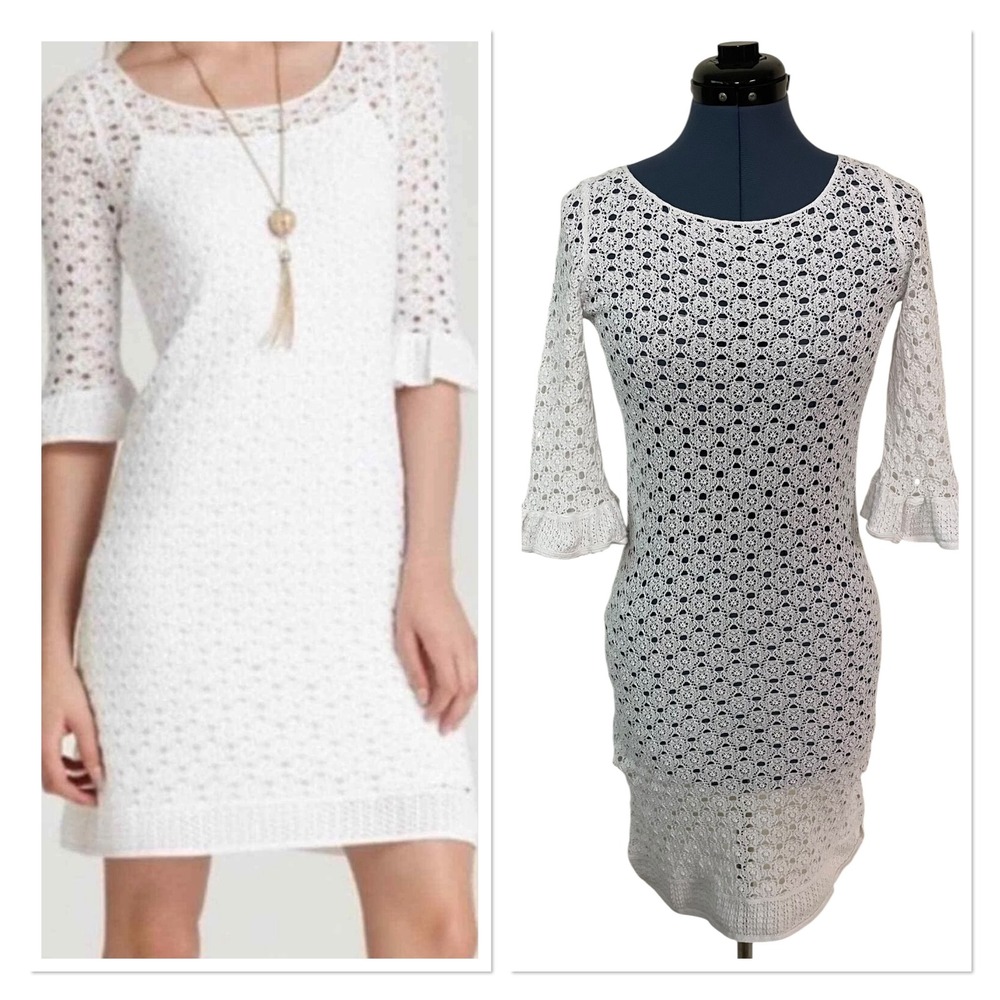 Lilly Pulitzer Shauna White Crochet Knit Bell Sleeve Sheath Dress No Liner S